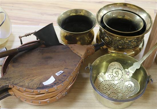 A copper measure, a preserve pot, bellows and mixed brassware
